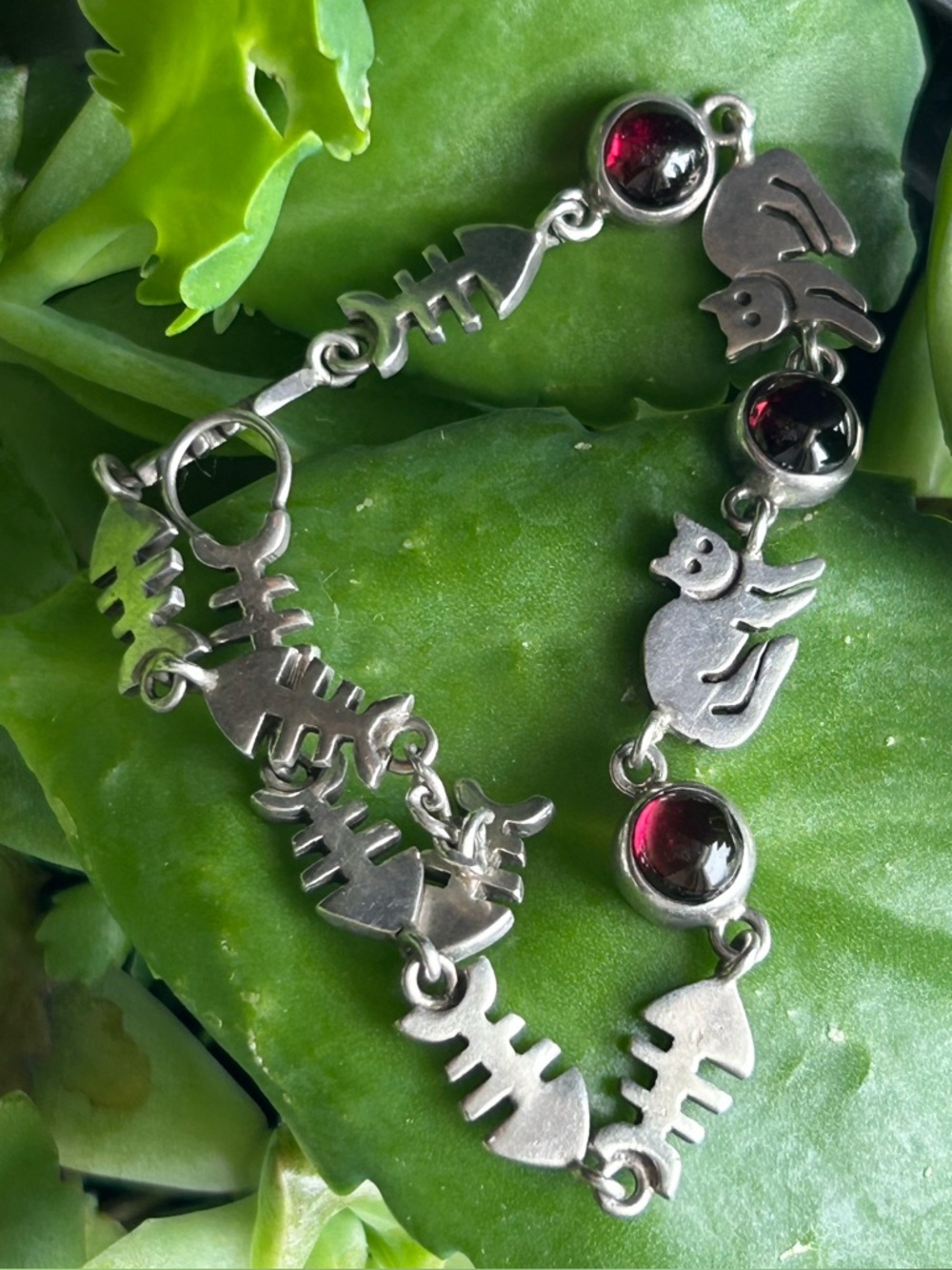 Vintage Fish bones cat garnet gemstone link bracelet sterling silver 925 - Picture 3 of 16